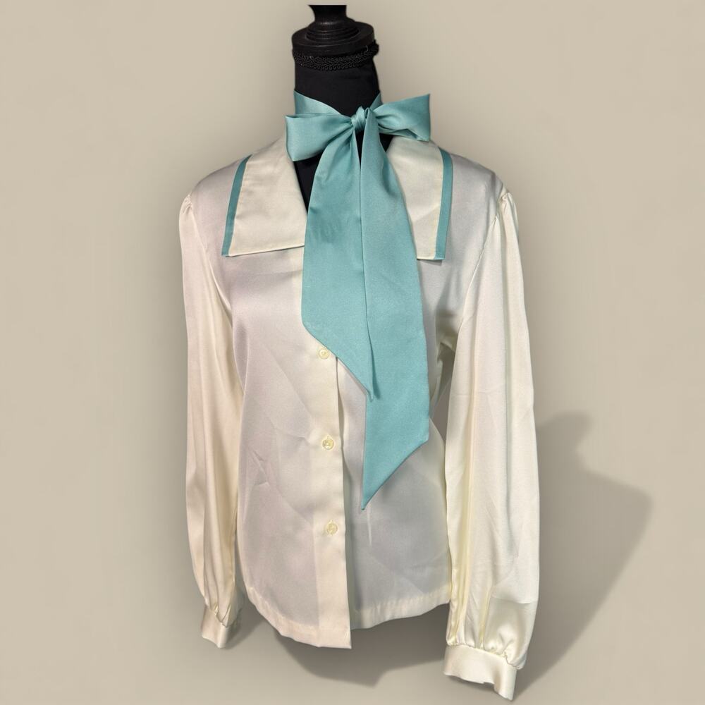 Vtg Bow Tie Neck Blouse Ivory Blue Prairie Large Office Silk Scarf Neckerchief